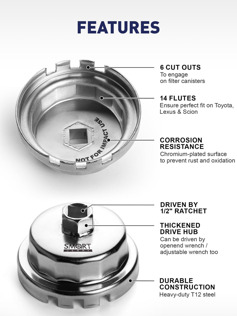 SMART JERRY - Oil Filter Wrench Compatible with Toyota Lexus & Scion with Toyota's Cartridge Style Oil Filter System | Tacoma Oil filter Wrench | 64mm 14 Flutes Design