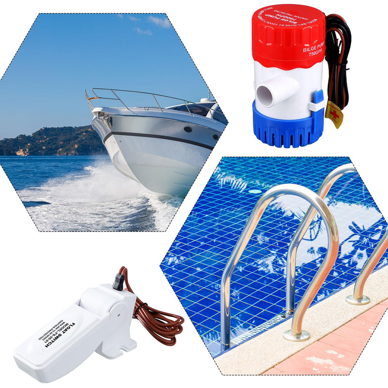 Landhoow Bilge Pump 12V with Float Switch Bilge for Boats DC 12V 24V 32V Portable Marine Electric Boat Water Pump(750 Gph) 750 GPH