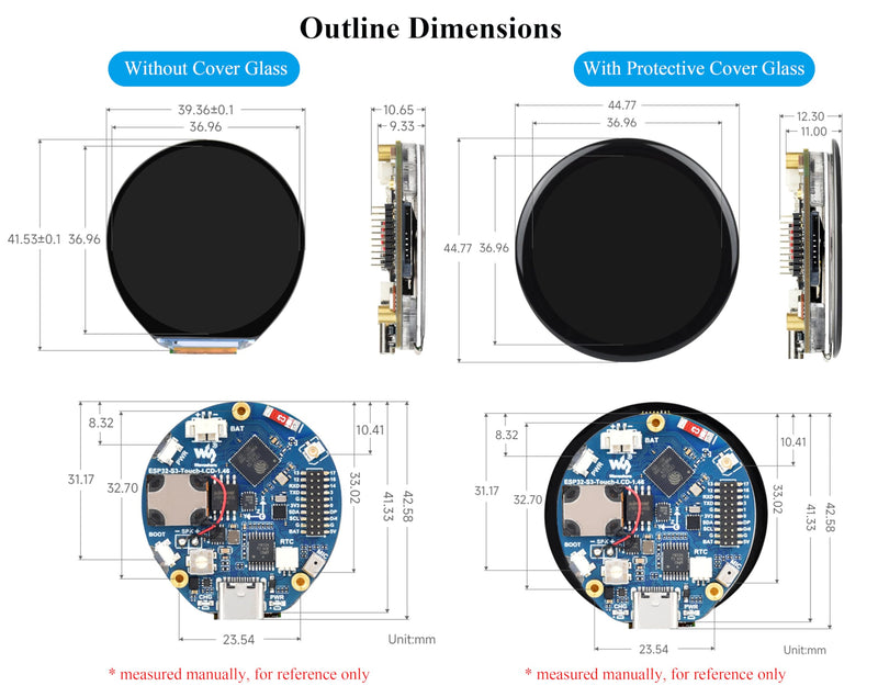 ESP32-S3 1.46inch Round Touch Display Development Board, IPS Display Panel, 412×412 Pixel, Accelerometer and Gyroscope Sensor, Onboard Speaker and Microphone, ESP32 with Display, with Cover Glass