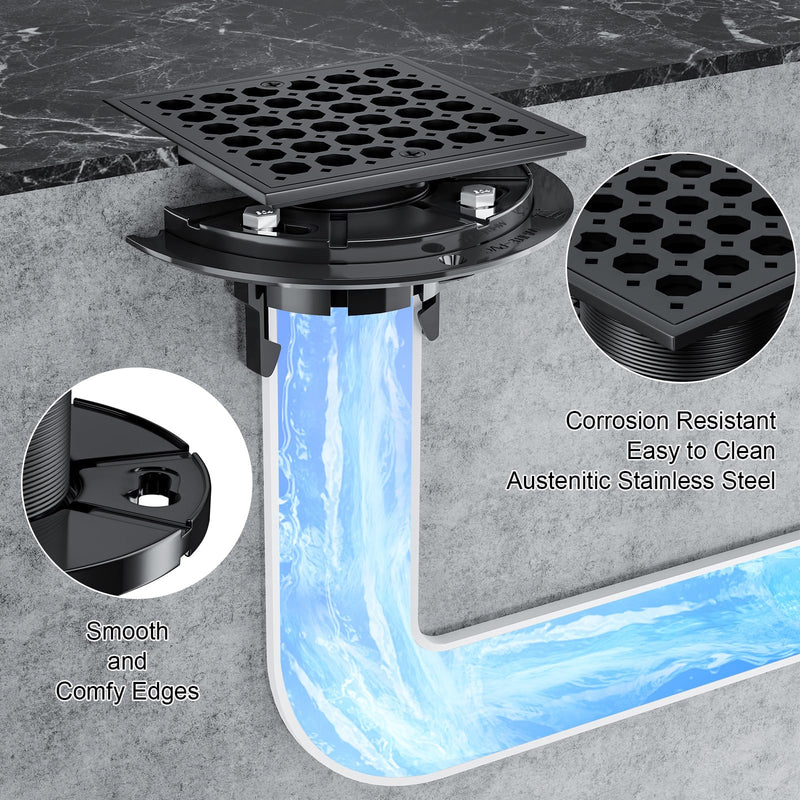 4 Inch Shower Floor Drain with Flange, Matte Black Shower Drain, Octagon Pattern Removable, SUS 304 Stainless Steel High Flow Shower Drain kit,Hair Strainer, Watermark&CUPC Certified(Octagon) Octagon Matte Black
