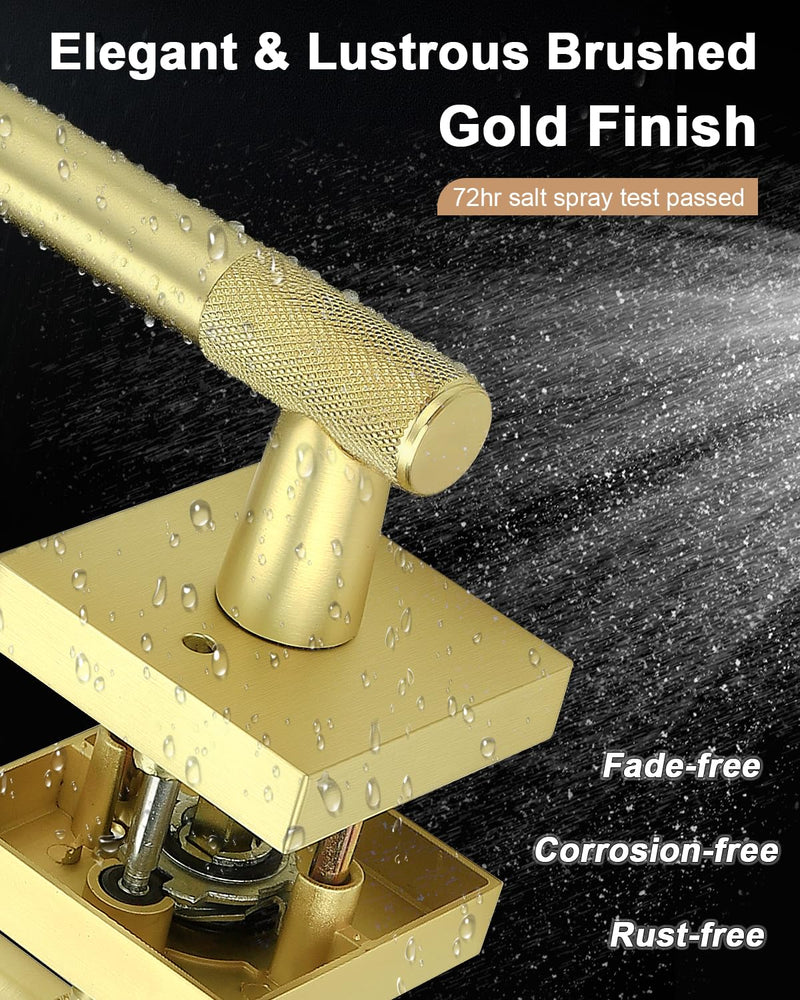 Probrico Brushed Gold Privacy Door Handle Interior, Knurled Keyless Locking Square Door Lever Handles, Reversible for Bathroom and Bedroom, 1 Pack