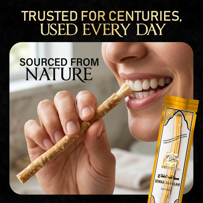 SEWAK AL-FALAH Miswak (Traditional Natural Toothbrush) - 20 Pack - Individually Vacuum Sealed for Long-Lasting Freshness – Traditional Oral Care for Deep Cleaning, Whitening, and Plaque Defense 1 Count (Pack of 20) Regular