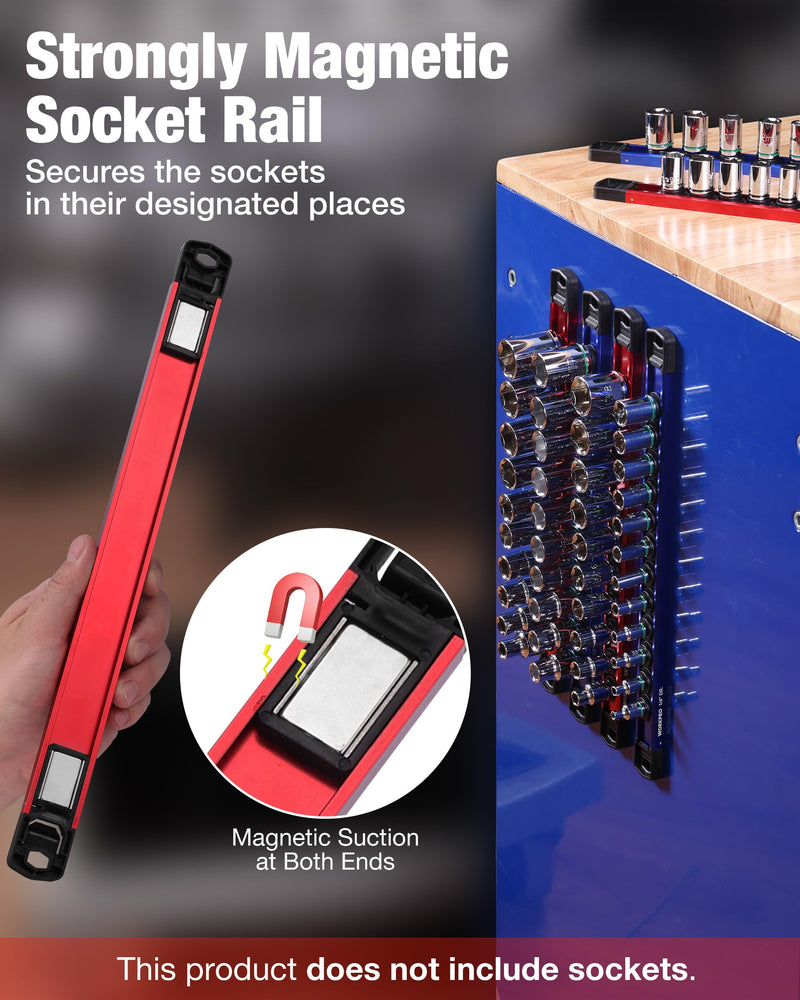 WORKPRO Magnetic Socket Organizer Set, 1/2" 3/8" 1/4" Drive Aluminum Alloy Socket Holder with Removable Socket Clips for Quick Customization, 6PC Socket Rail for Tool Box Drawer (Sockets Excluded) 6 Pieces-1/4", 3/8" & 1/2" DR Red & Blue
