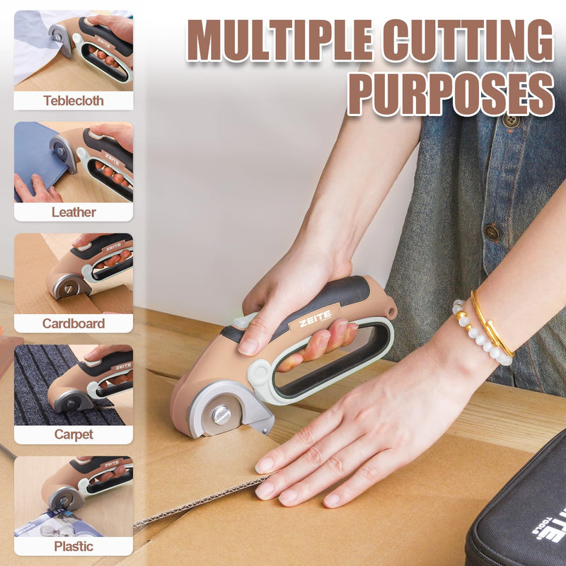 ZEITE 4V Cordless Electric Scissors Cardboard Cutter with 2 Blades,Storage Case,Rotary Cutter for Box Plastic Carpet Fabric, Easy to Hold and Safe,Mocha Mocha