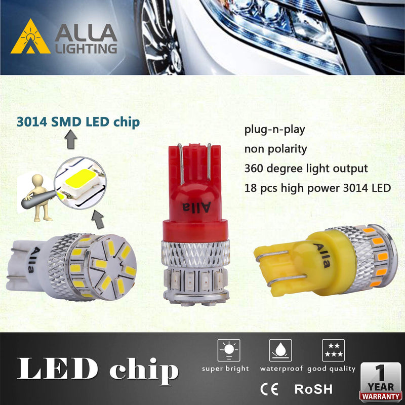 Alla Lighting T10 168 194 LED Lights Bulbs W5W 2825, Super Bright Red 360° Cars, Trucks' Marker, Inner Tail, Interior Dome, Map, Trunk, Door Stepwell Lights Lamps, 12V 175 161 3014-SMD Pure Red