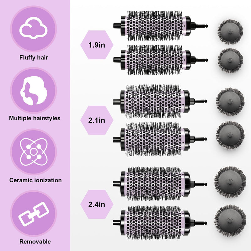 Round Hair Brush Set Detachable Handle Hair Roller Brush 3 Sizes Round Hair Brush for Blow Drying with 6 Positioning Clips,6 Barrels 1 Handle () Purple
