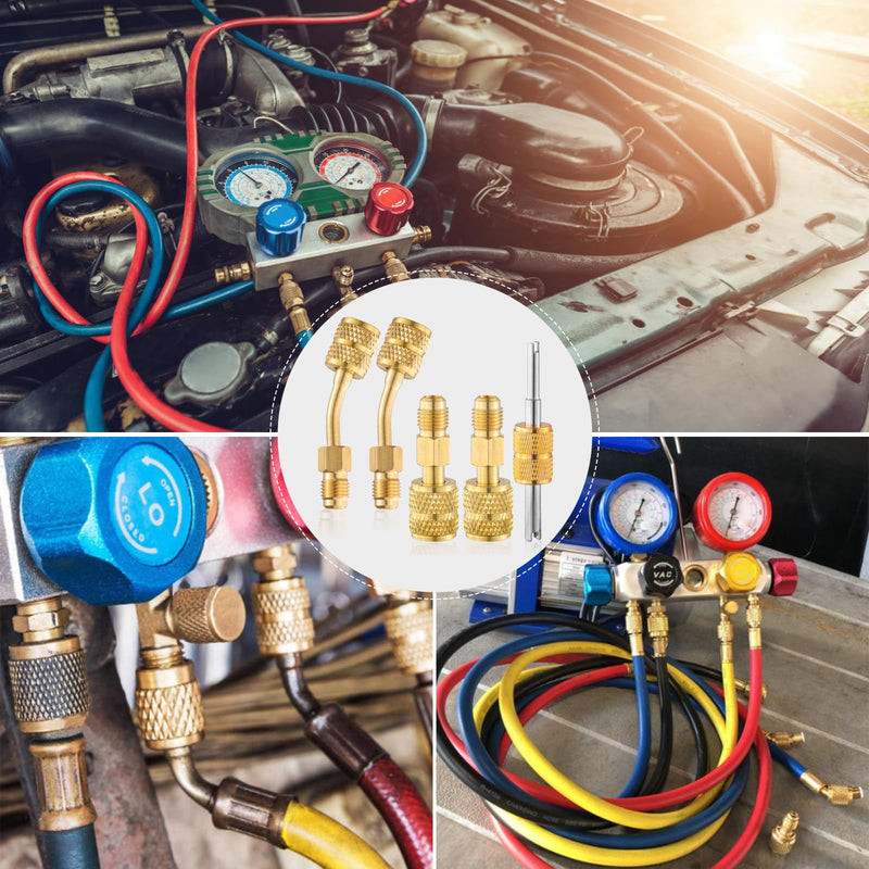 R410A Mini Split Adapters, R410A Adapter Kit, R410A Charging Vacuum Port Connector with 5/16" Female to 1/4" Male, R410A Vacuum Pump Adapters for HVAC Refrigerant System 2 Angled + 2 Straight