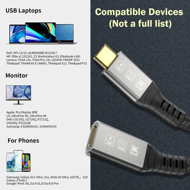 USB C Thunderbolt 4 Extension Cable, 40Gbps Transfer / 8K Display / 100W Charging Compatible with Thunderbolt 4/3, USB4/3, Type C, for Mac MacBook Pro, External SSD eGPU Extender m/f 2.6 ft Extension Cable 2.6ft Male to Female