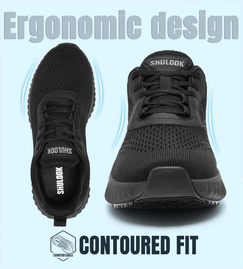 SHULOOK Non Slip Work Shoes for Men Slip Resistant Water-Resistant Food Service Kitchen Chef Restaurant Nurse Work Sneakers Lace Up Mesh Comfortable & Casual Walking Shoes Black 8.5