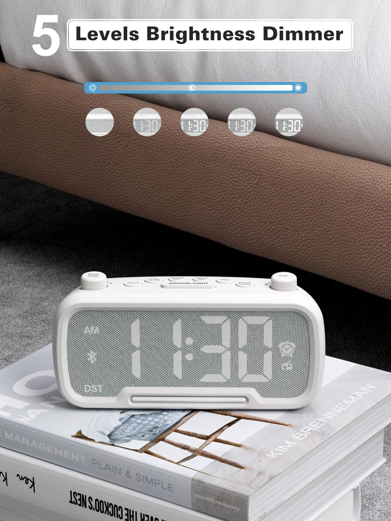 Mesqool Alarm Clock with Bluetooth Speaker, FM Radio, Alarm Clock for Bedroom with USB Chargers, Dimmer and 12/24H,Snooze,Battery Backup, Plugged in Clock Radio for Adult Kid White
