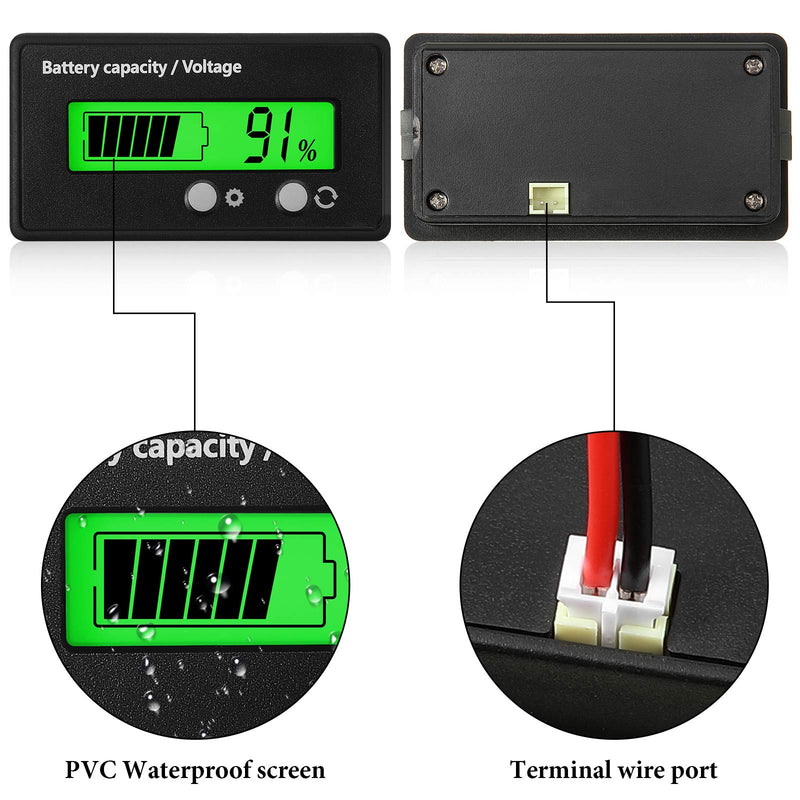 Frienda 2 Pieces Dc 12v 24v 36v 48v 60v 72v 84v Golf Cart Battery Meter with Alarm, Front Setting and Switch Key Battery Capacity Voltage Indicator Gauge Acid and Lithium Ion Indicator(Green) Green