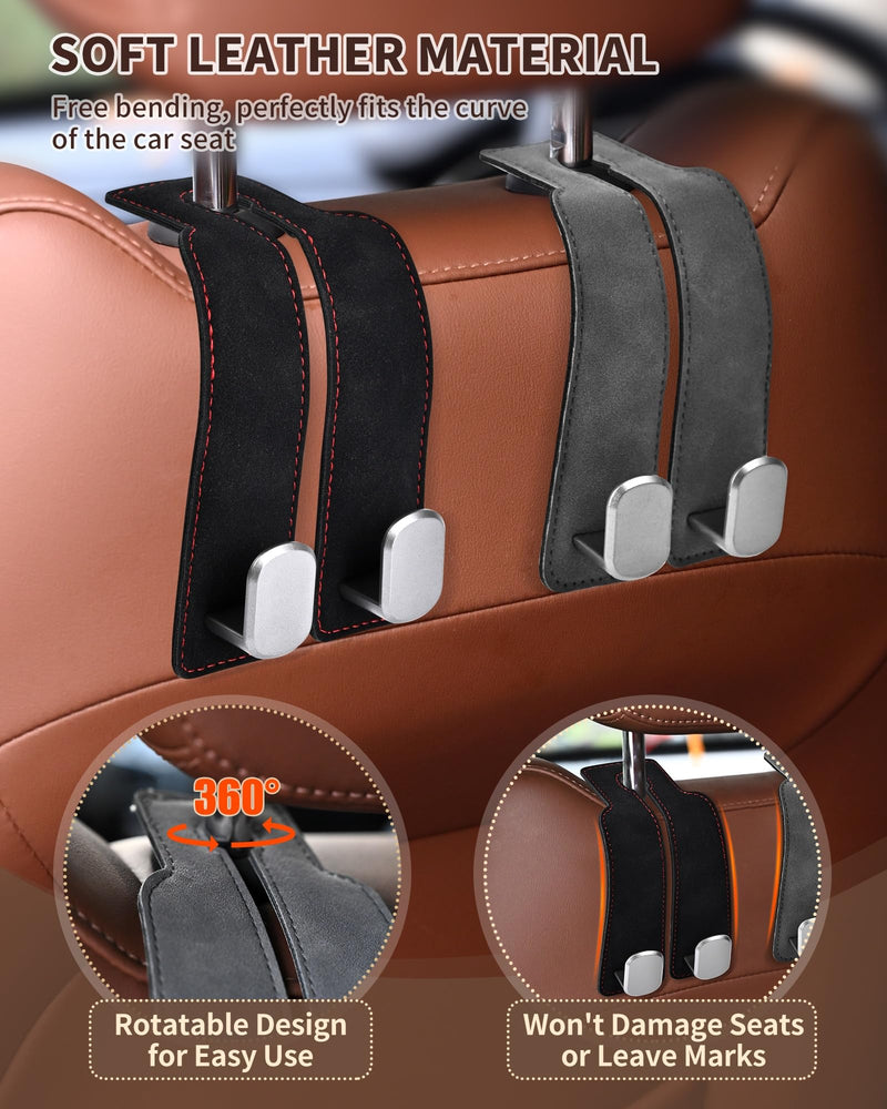 Headrest Hooks for Car, 4 Pack Car Seat Back Organizer Storage Hook, Double Hook Car Seat Hooks for Hanger Purses and Bags, Leather Purse Holder for Car, Black Black-4Pack