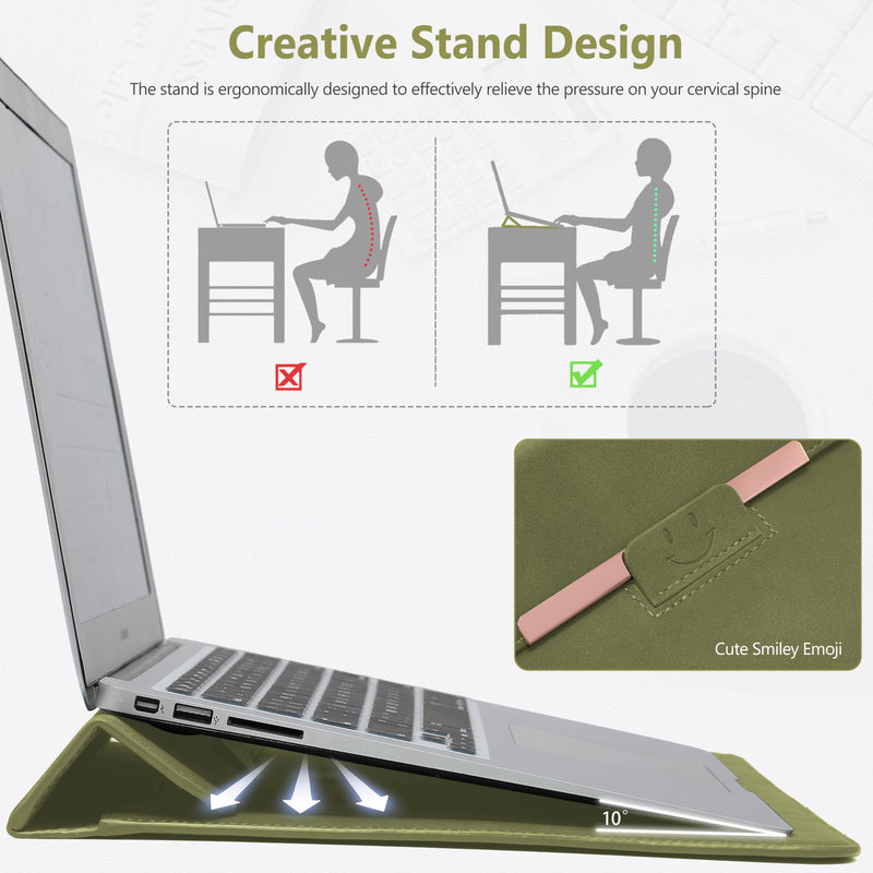 HYZUO 13.3-14 Inch Laptop Sleeve Case with Stand for MacBook Pro 14 M4/M3/M2/M1 2025-2021, MacBook Air/Pro 13.3, 13.8/13.5 Surface Laptop, HP Spectre X360 13/14, Olive Green(Smiley)