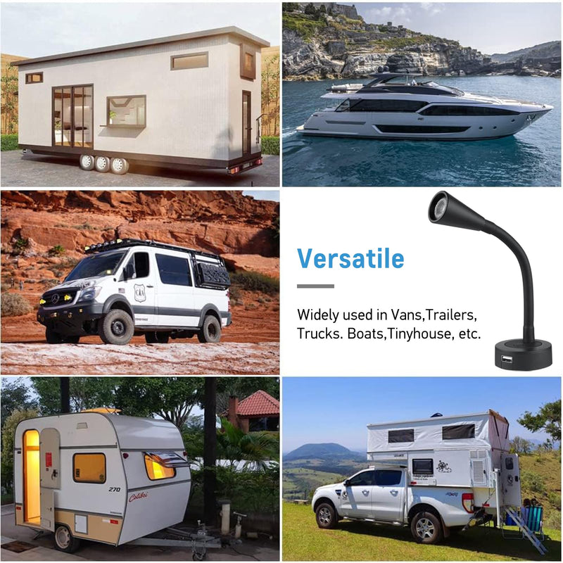 acegoo 12V LED Reading Light RV Dimmable Reading Lamp with USB Charger 12 Volt Flexible Goosneck Light for Boat Camper Van Trailer Interior Lighting, Hard-Wired Surface Mount, 2-Pack