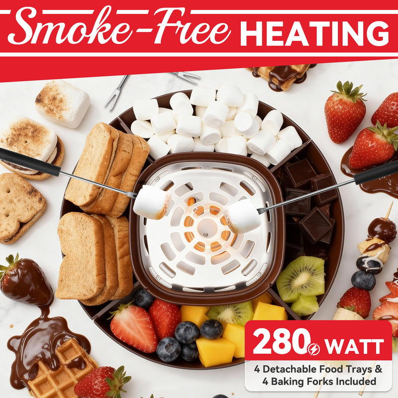 SugarWhisk 2 in 1 Electric Smore Maker & Fondue Set, Marshmallow Roaster with 4 Forks, Indoor Smores Kit for Kids & Couples, Cheese & Chocolate Fondue Pot, 4 Detachable Trays, Brown