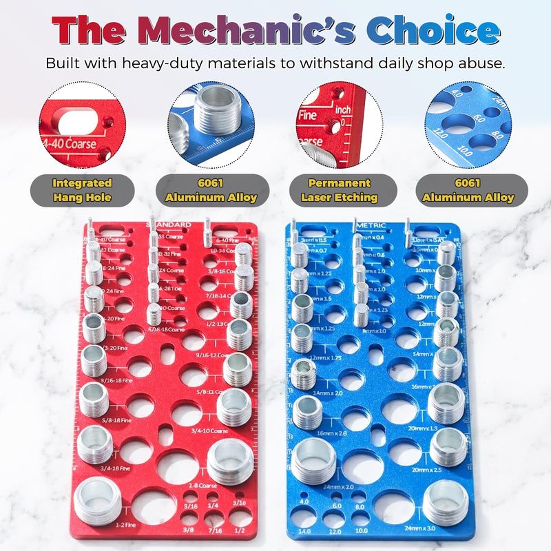 62-Piece Nut and Bolt Thread Checker - 25 Inch & 25 Metric Thread Gauges + 12 Drill Bit Sizers, Heavy-Duty Aluminum & Steel Bolt Size Finder, High-Precision Screw Identifier Tool (Red & Blue)