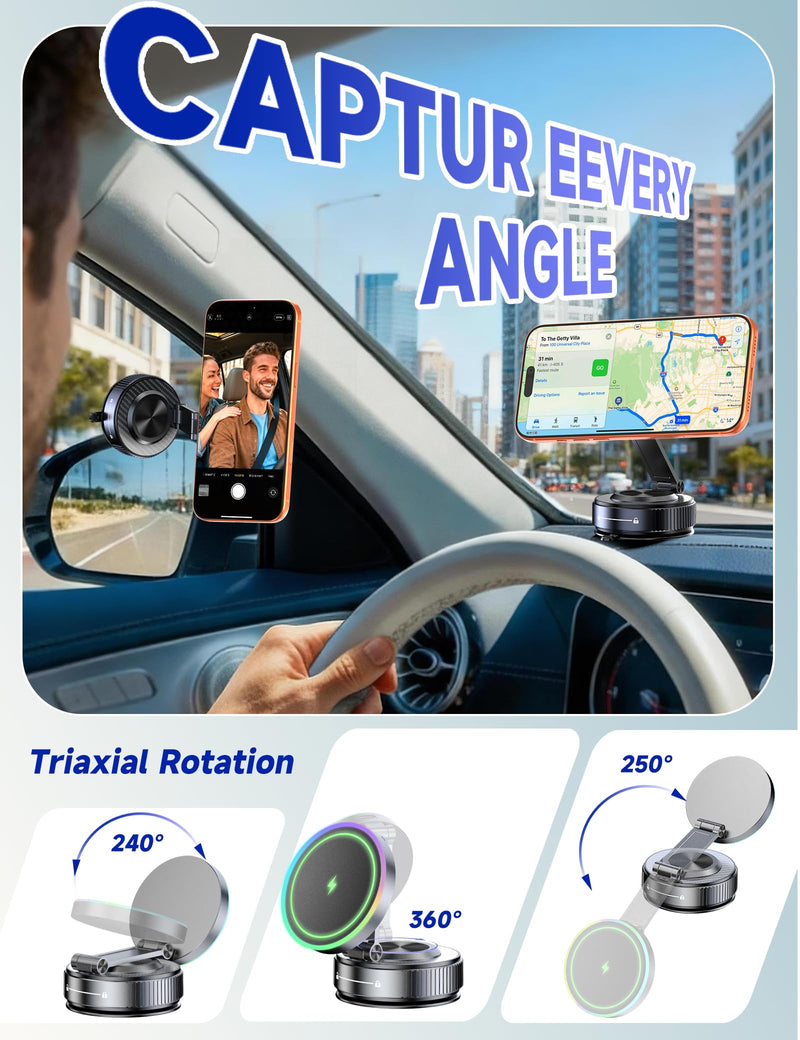 15W Magsafe Car Mount Charger, Faster Charging Wireless Car Charger | [105+LBS Suction & 3800gf Magnetic] Car Phone Holder, 360° Adjustable, Phone Holders for Your Car for iPhone & Android Blue