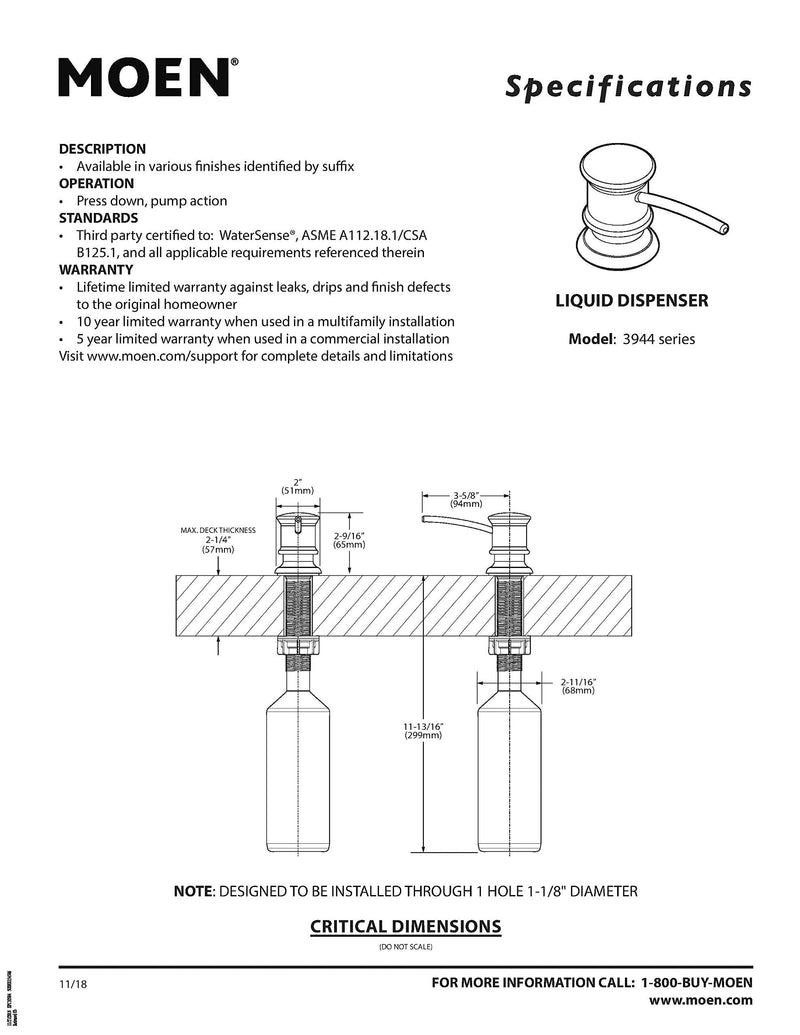  [AUSTRALIA] - Moen Spot Resist Stainless Deck Mounted Kitchen Soap Dispenser with Above the Sink Refillable Bottle for Kitchen Sink, 3944SRS Pack of 1