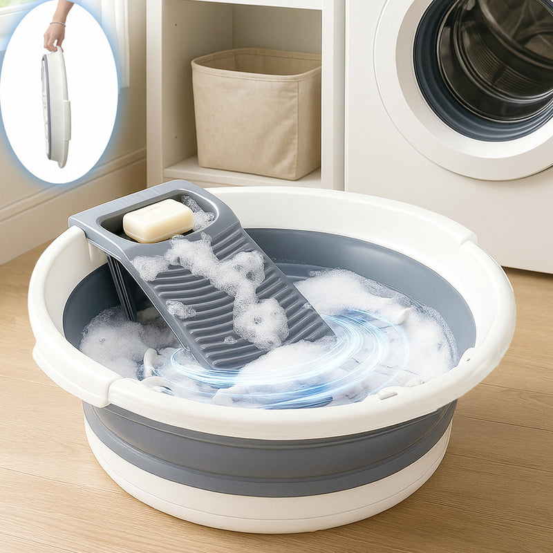 Washboard Basin for Hand Washing Clothes, 8 Gallon Collapsible Laundry Tub with Detachable Washboard, Dual Drain Design, Foldable Utility Wash Basin for Apartment, RV, Camping, Travel & Small Spaces Gray White 20"x20"