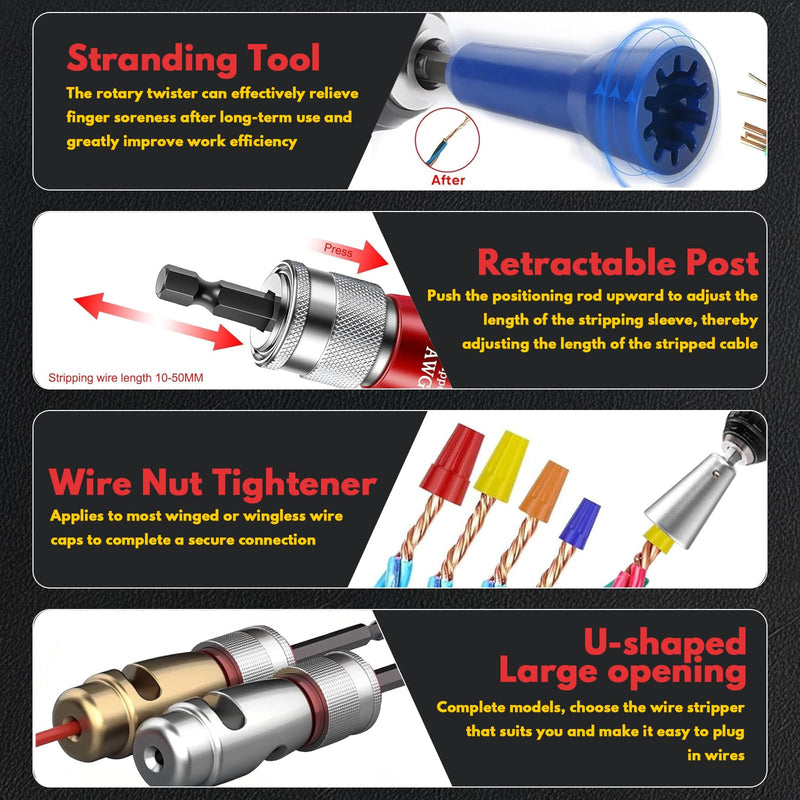 Wire Stripper Twister Tool for Drill, Upgraded US Regulations Impact Wire Stripping Tool & Wire Twisting Connector for Drill 6-14 AWG, 9 in 1 Professional Electrician Tools Gift Set