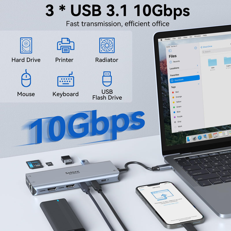 USB C Docking Station Dual Monitor, Selore 13-in-1 Triple Monitor Hub | Dual HDMI, DP, 100W PD, Gigabit Ethernet, 10Gbps USB A/C Ports -Laptop Docking Stations for Dell, HP, Lenovo, MacBook Sliver Gray Dual HDMI+DP