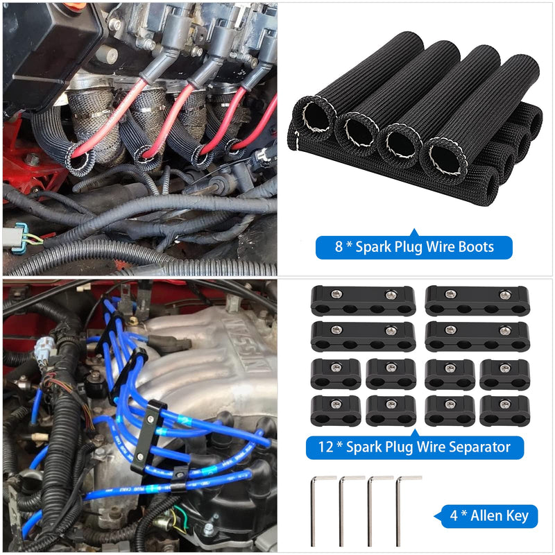 12pc Engine Spark Plug Wire Separator Divider & 8pc Spark Plug Wire Boots Protector Heat Sheild Sleeve 8mm 9mm 10mm Spark Plug Wire Clamp Holder Aluminum Alloy Ignition Wire Divider 24PCS
