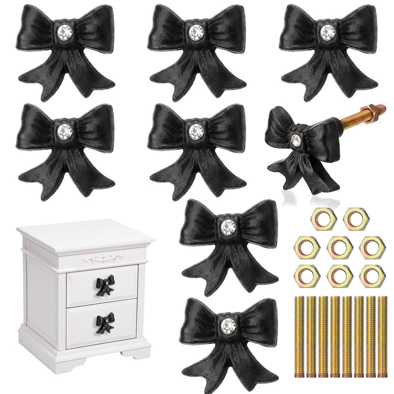 MorningRo 8 Pcs Black Bow Dresser Knobs with Diamond Small Coquette Decor Back to School Cast Iron Drawer Cabinet Knobs for Dorm Girly Bow Drawer Pull Handles for Women Girls Vanity Wardrobe Bedroom