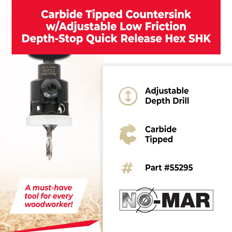 Amana Tool 82 Degree Countersink with Adjustable Low Friction Drill Bit Depth Stop, 55295, 1/2 D x 9/64 Drill D x 1/4 Inch Quick Release Hex Shank