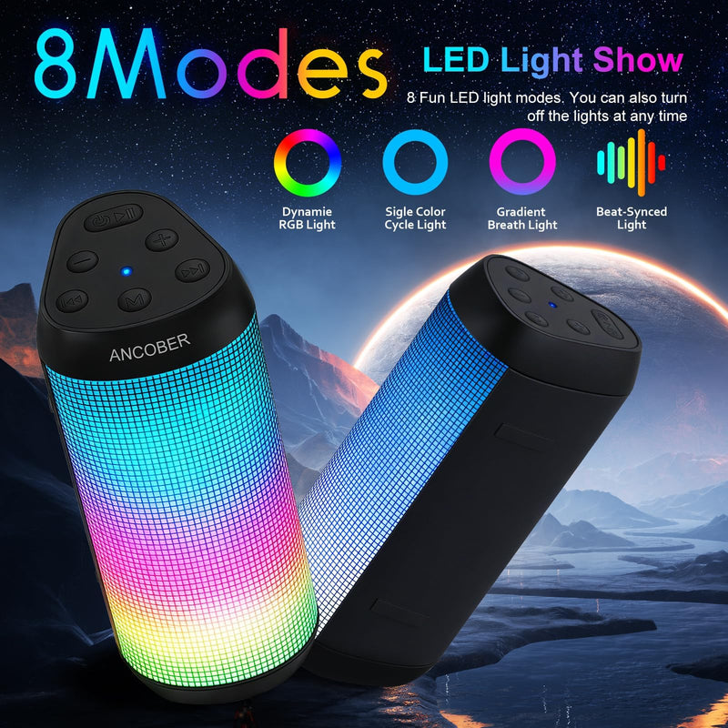 Portable Bluetooth Speaker, Powerful HD Stereo Loud/30H Playtime/IPX4 Waterproof for Outdoor Home/8 Dynamic Lights/Wireless BT 5.3/AUX, Travel|Camping|Beach Essentials, School Supplies, Birthday Gifts Black