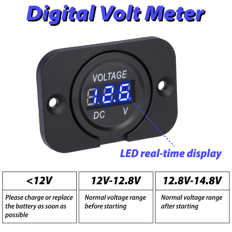 Car Battery Voltage Meter, Waterproof DC 12V 24V Digital Volt Meter, 12v Battery Monitor with LED Digital Display, Round Voltage Gauge for Car Truck RV ATV Boat Marine (Blue Light) Blue