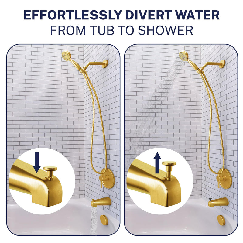 HammerHead Showers Solid Metal Tub Spout with Diverter, Slip On Bath Tub Spout for ½” Copper Pipe, Easy Install Bathtub Faucet, Brushed Gold