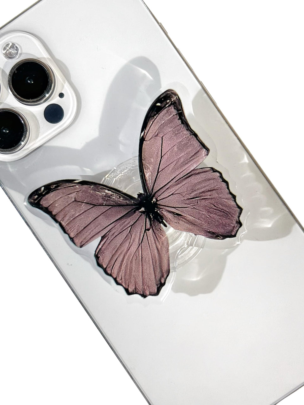 Butterfly Sticky Mobile Phone Grip, Clear Cell Phone Stand, Expanding Cell Phone Charms Accessory, Interchangeable Finger Kickstand, Collapsible Handle Grip Holder for Kindle Gray