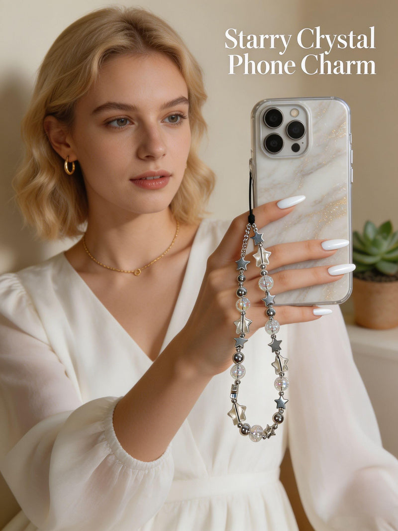 2 Pcs Phone Charm Strap Hand Wrist Strap Camera Lanyard Pearl Beaded Cute Chain String Accessories Universal for iPhone 17 Pro Max 16 15 14 for Samsung Women Girls Keychain Bag Autumn Crystal and Star
