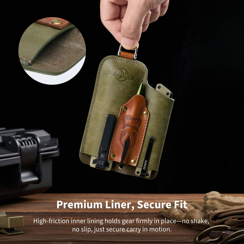 OKNIFE Osheath S1 3 in1 Leather Sheath for Flat Flashlight, Pocket Knife, Mini Pen, EDC Kit Belt Organizer for Belt with Horseshoe Buckle Keychain