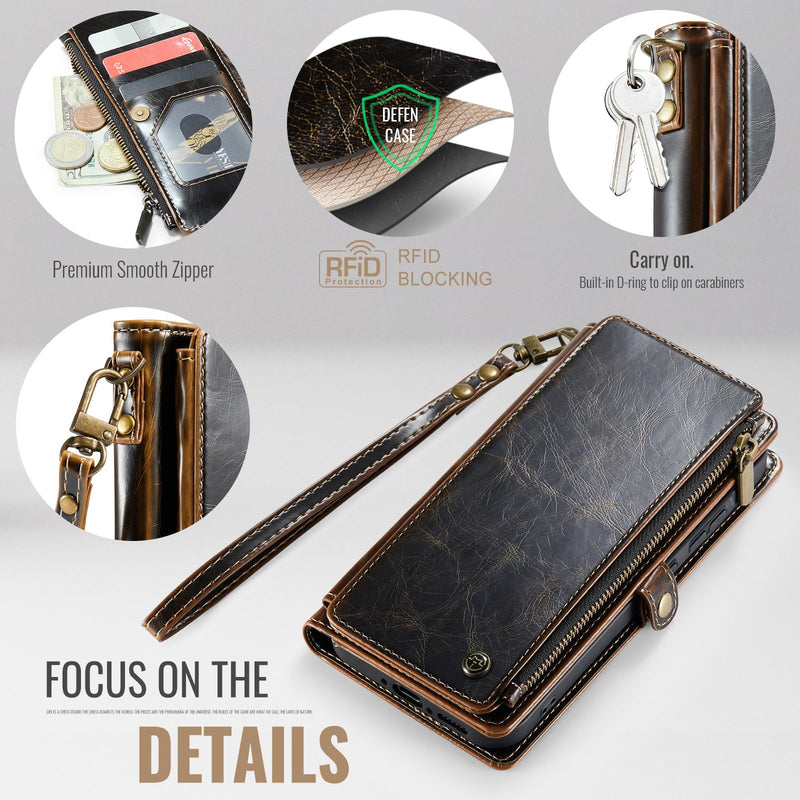 Defencase for Samsung Galaxy A37 5G Wallet Case with Card Holder, Coffee | RFID Blocking, Zipper Pocket, Durable PU Leather, Wrist Strap, Fashion Snap Flip Phone Cases Cover with Stand for Women Men