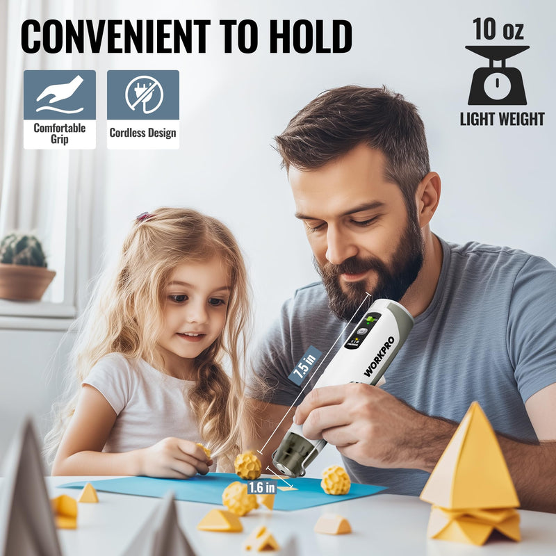 WORKPRO 7.2V Cordless Mini Heat Gun for DIY Crafts, 4000mAh Hot Air Gun, 1.5s Fast Heating, 3 Temp Settings (Cool/572°F/842°F), USB-C Rechargeable — Perfect for Halloween Crafts & Decorations White