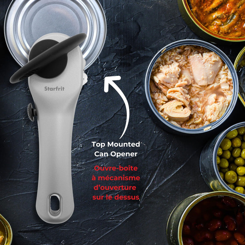 Starfrit Securimax Auto Can Opener - Patented Safe Edge Technology with Lid Lifter - Leaves No Sharp Edges on Lid & Can - Heavy Duty Non-Slip Knob - Grey