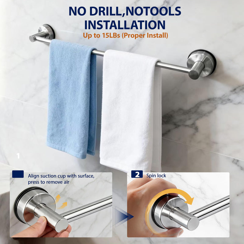 No-Drill Stainless Steel Suction Cup Towel Bar, Adjustable 14.6–24 Inch Bathroom Towel Rack for Glass Shower Door & Tile Wall, Heavy Duty Wall Mounted Towel Holder(Silver) Silver