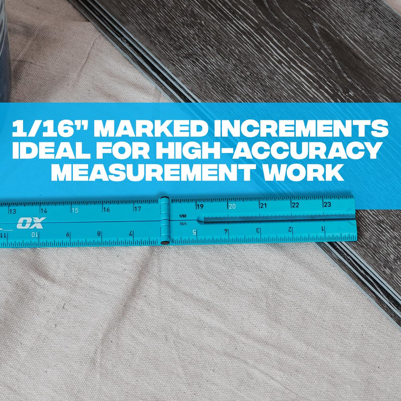 OX Tools Pro 24 Inch Cyan Imperial Tuff Construction Ruler with 3 Quick Measure Sections & Easy Angle Finder