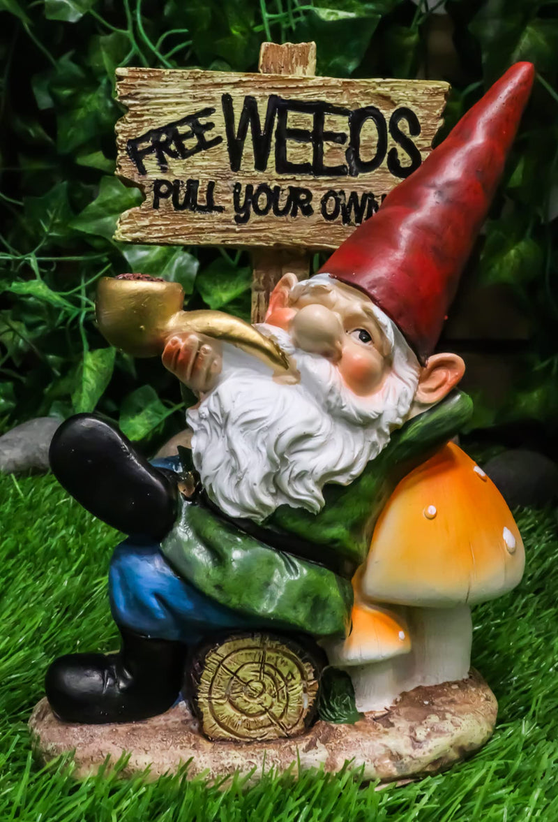 Ebros Gift Whimsical Festive Holiday Novelty Mr Gnome Grandpa Relaxing On Toadstool Mushrooms and Log by 'Free Weeds Pull Your Own' Yard Sign Figurine Travelling Gnomes DIY Fairy Garden Home Decor