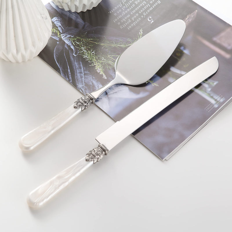 Wedding Cake Knife and Serve Set, Fancy Hand Craft Italian Style Design, Pearl Pie Knife Server Set, Vintage Silverware,Cake Cutter Set, Cake Knife Gift Set, 2 pcs (White) White