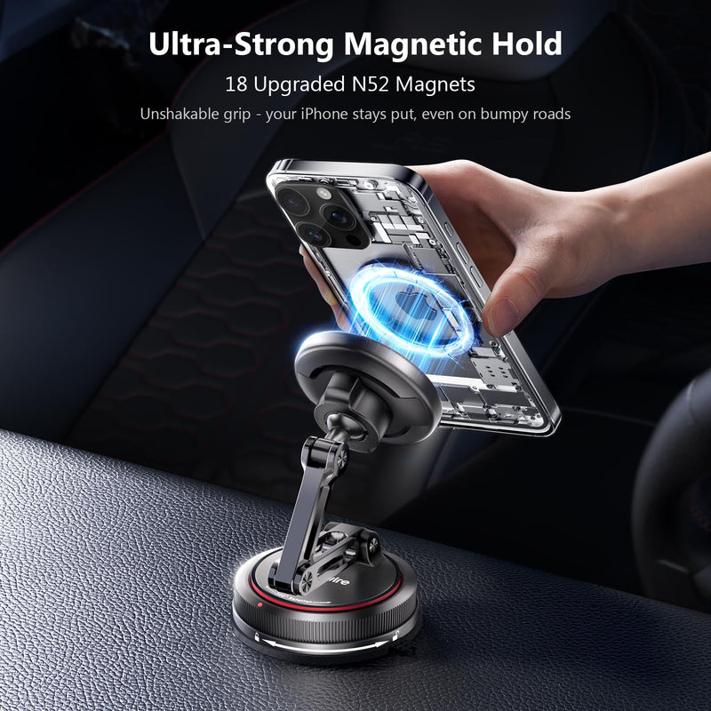 SYNCWIRE for MagSafe Car Mount [3-Axis Design] Strong Suction Cup Magnetic Phone Holder, 360° Rotation, Compatible with iPhone 17 Pro Max 16 15 14 13 12, Samsung, Carbon Fiber Head, Gloss Black Arm 3-Axis | Carbon Fiber