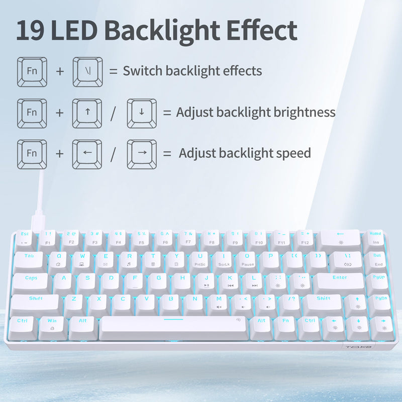TMKB T68SE Gaming Keyboard, 60% Mechanical Keyboard, LED Backlit Ultra-Compact 68 Keys Wired Mini Keyboard with Separate Arrow/Control Keys for Windows Laptop PC Gamer Typist with Red Switch-White