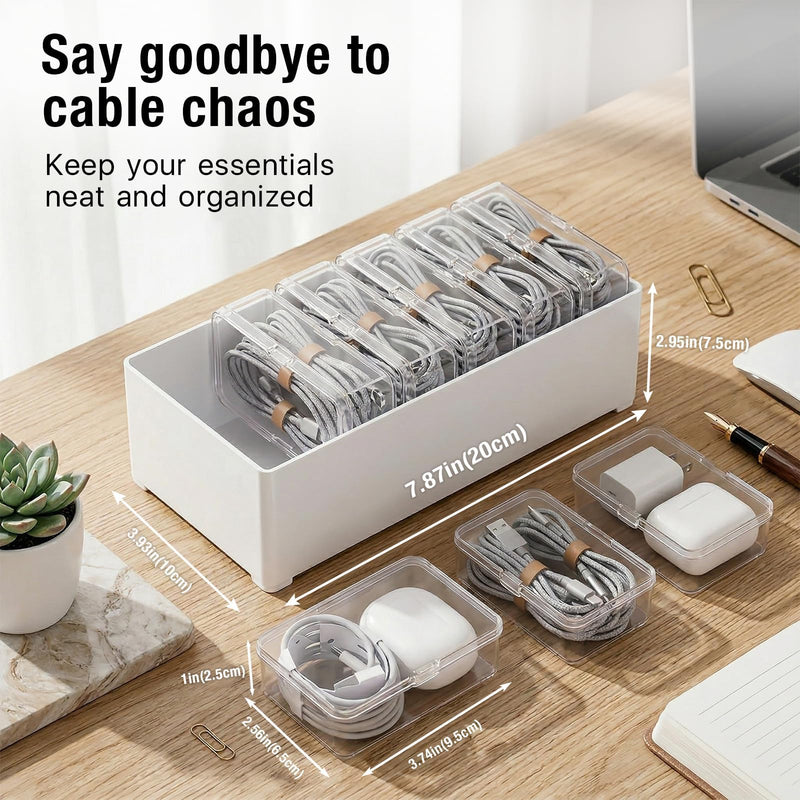 2 Pack 7 Individual Cable Organizer Boxes with Base | Tangle-Free Individual Compartments; Drawer & Travel Ready; Compact Desktop Organization; Easy-Access Open Lid