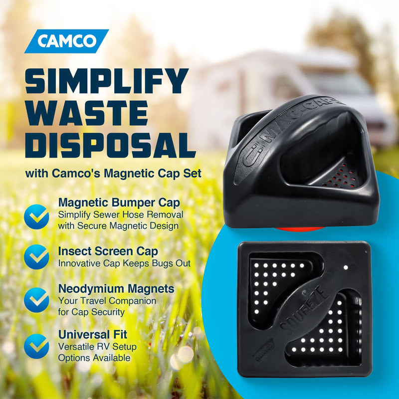Camco 40310, Magnetic RV Bumper Cap | Features Heavy-Duty Neodymium Magnets, Small Airflow Vent Holes, and Includes a Bonus No-Insect Bumper Cap Magnetic Cap and Squeeze Grip Cap