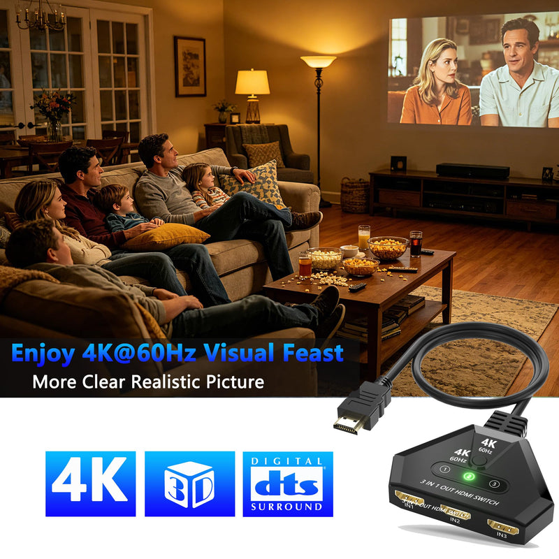 HDMI Switch 3 in 1 Out, 4K@60Hz HDMI Switcher with Gold Plated Ports, Plug & Play, Supports Full HD 1080P 3D Compatible with Roku TV Stick HDTV PS4/PS5 Xbox, Ideal for Home Theater, Gaming, Streaming