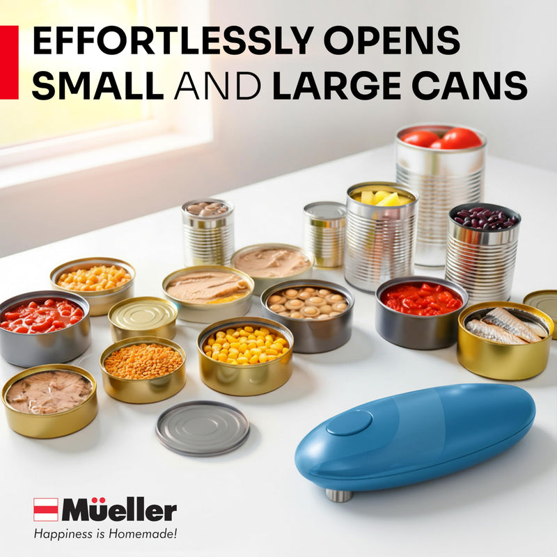 MÜELLERHOME SmoothEdge Auto Electric Can Opener – Battery‑Operated One‑Touch w Magnet Lid Lifter, Smooth‑Edge Cut Technology – Portable Hands‑Free Automatic Can Opener for Seniors & Arthritis, Blue