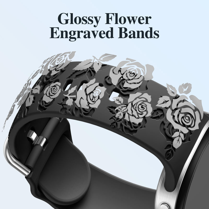 Floral Bands for Samsung Galaxy Watch 9 8 40mm 44mm Watch 8 Classic 46mm | Glossy Floral Engraved, Soft Waterproof Silicone, Sport Strap for Galaxy Watch 9 Band Women Men, Ideal for Workout Office Black