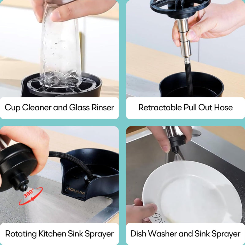 2-in-1 Glass Rinser & Sink Sprayer Attachment – High Pressure Cup Washer for Kitchen Sink – Matte Black Bottle Cleaner -Stainless Steel Cup Cleaner (Fits Standard Counter Holes)