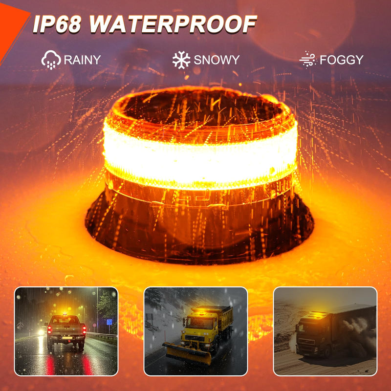 Solar Amber Strobe Light, 48 LED Rechargeable Emergency Warning Beacon Light with 9 Flash Modes, Magnetic Mount, IP68 Waterproof for Trucks, Forklifts, Tractors, Golf Carts, UTV, Car, Bus